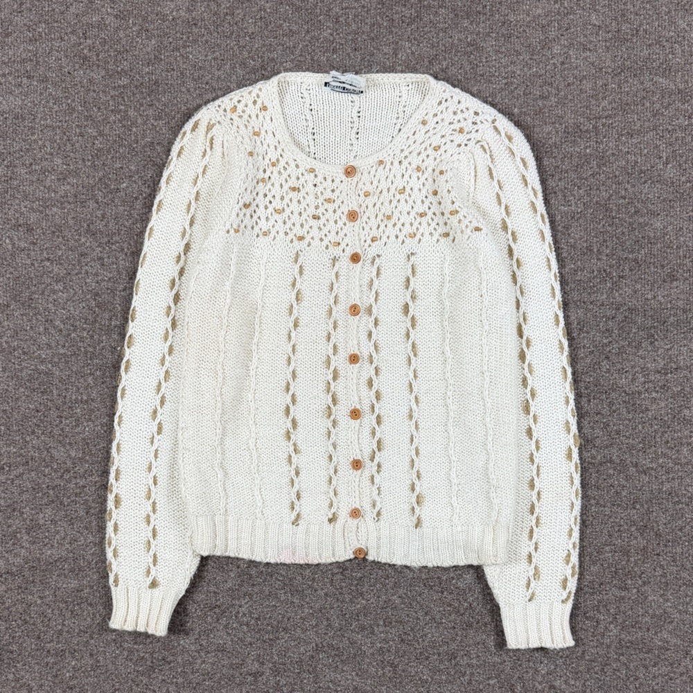 VTG Ivory Knit Cardigan Sweater Women’s M‎ Beaded Soft Girl Prairie Cottage Core